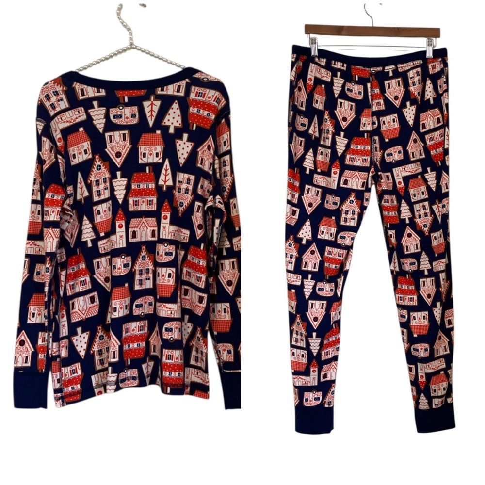 Hanna Andersson Women’s XL Christmas Holiday Cotton Pajama Set Houses Trees - Picture 2 of 12